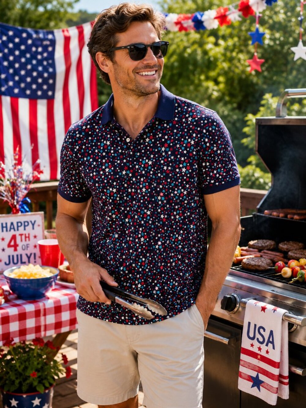 Lands End Polo Shirt Red, White & Blue Stars Men's SZ S